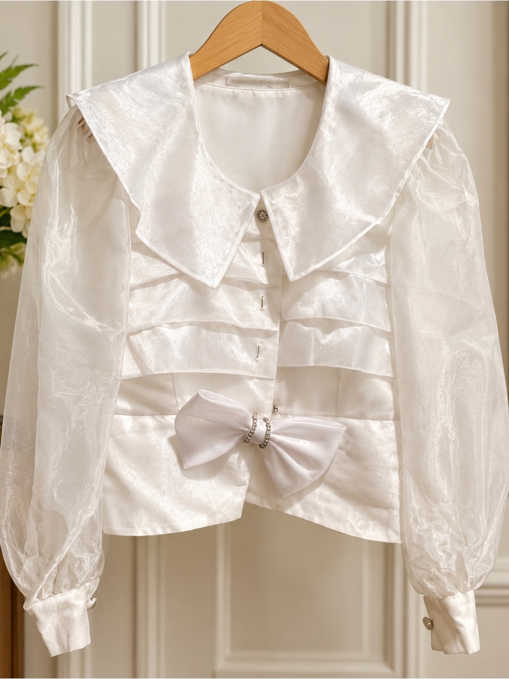 White Satin Bow-Front dressy blouse with Peter Pan Collar